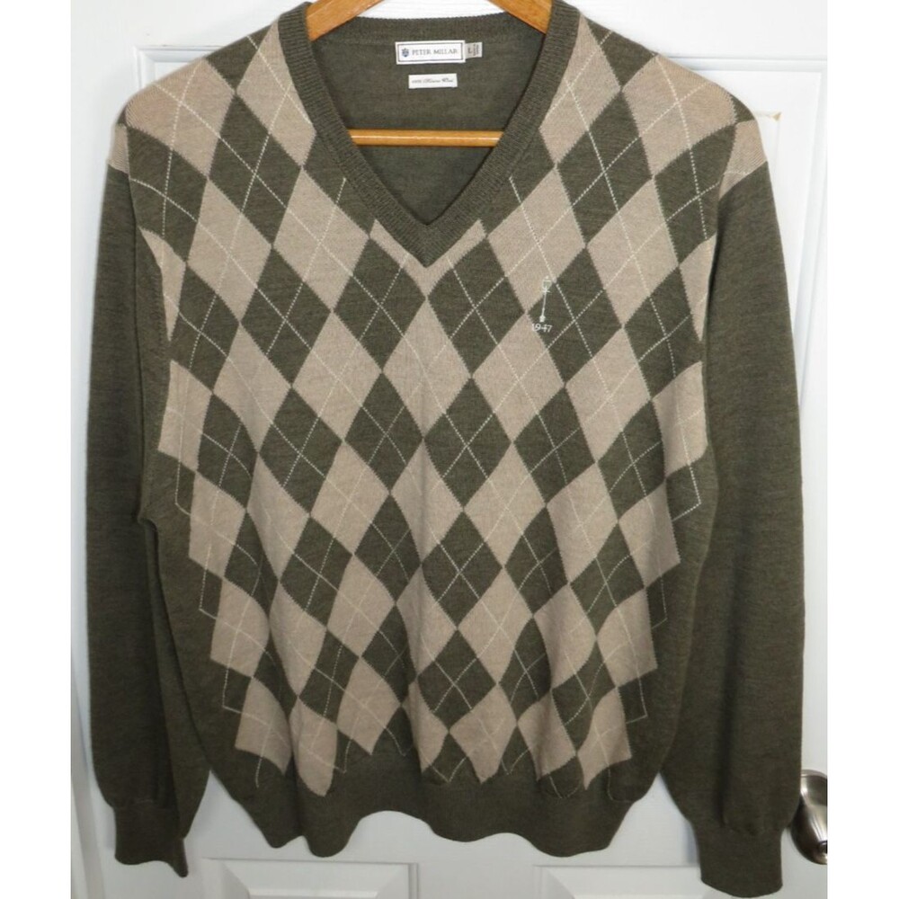 Peter Millar Men's LG 100% Merino Wool Argyle V-Neck Sweater Carmel CC Golf